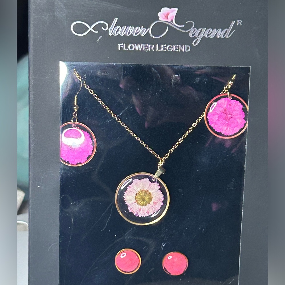 Women 3 in 1 Handmade Pressed Flower Sterling Silver Jewelry Gift Set